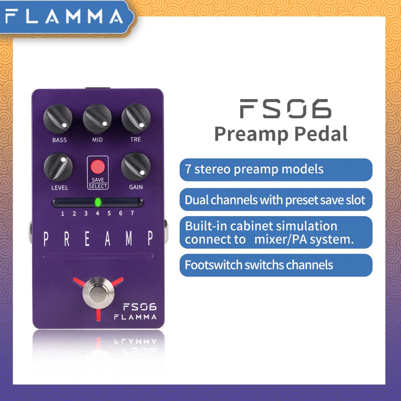 Flamma FS06 - Pedal de Pré-Amplificador Digital para Guitarra com 7 Modelos e Simulação de Gabinete