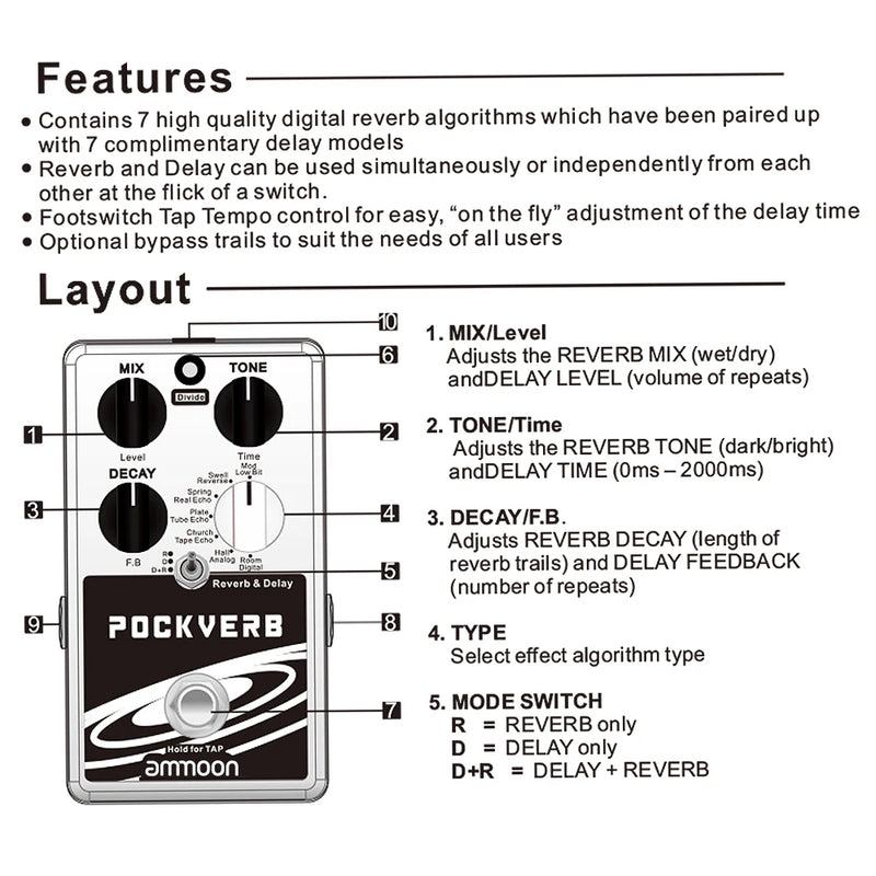 Ammoon POCKVERB - Pedal de Efeitos de Reverb e Delay Compacto