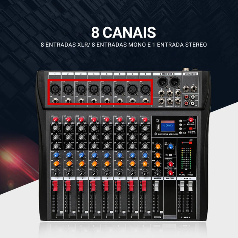 Mesa de Som Profissional 8 Canais - Entrada Balanceada com Mic