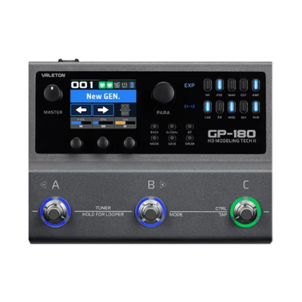 Valeton GP-180 pedaleira multi-efeitos com NAM, IR Loader, MIDI Commander, bateria interna e três footswitches